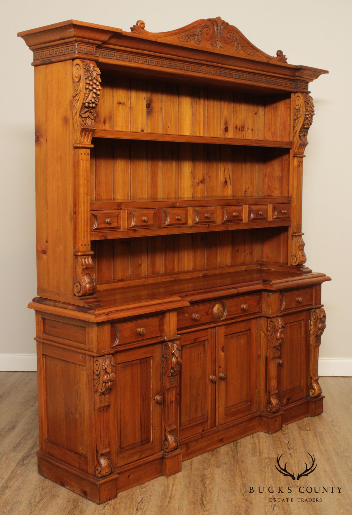 Large Custom Quality Carved Pine Step Back Hutch