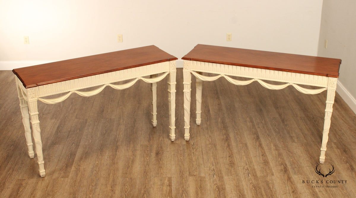 French Louis XVI Style Pair of Painted Base Cherry Console Tables