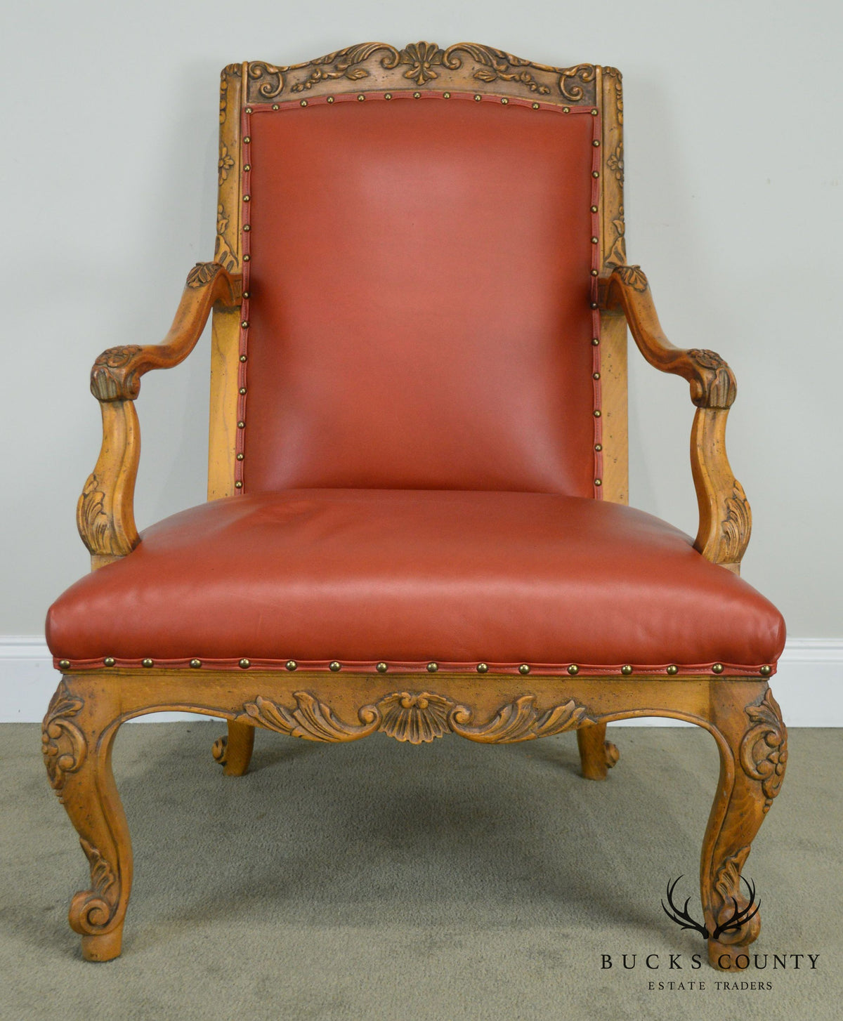 Baker Vintage French Louis XV Style Large Leather Fautevil Arm Chair