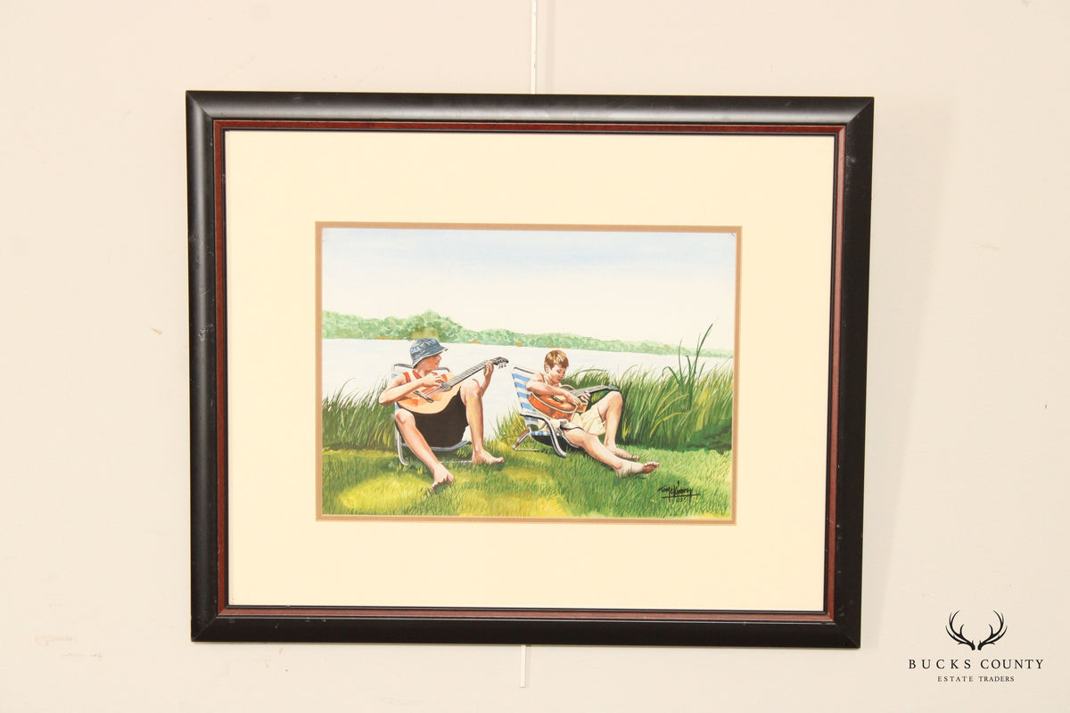 Tom Kinney 2001 Boys Playing Guitar Original Painting, Custom Framed