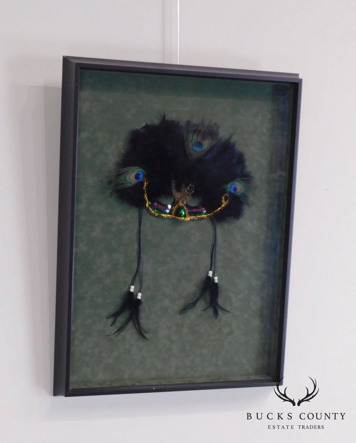 Hand Crafted Mardi Gras Mask with Peacock Feathers and Beaded Ties, Framed