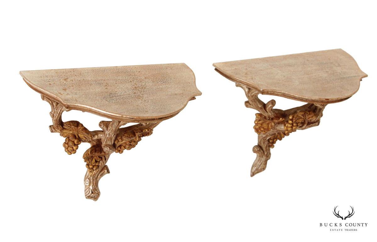 Italian Venetian Carved Wood Faux Bois Pair of Wall Shelves