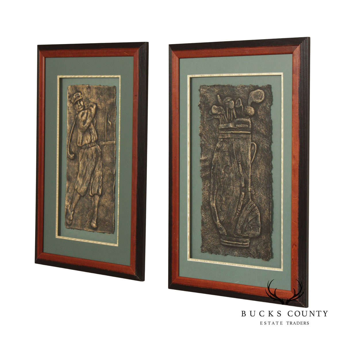 Frank Walcutt Vintage Golf Theme Pair Plaster Relief Prints, Custom Framed
