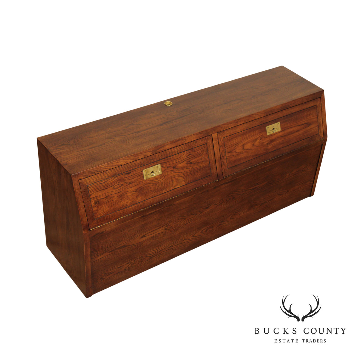 Henredon 'Scene One' Campaign Style Oak and Brass Queen Storage Headboard