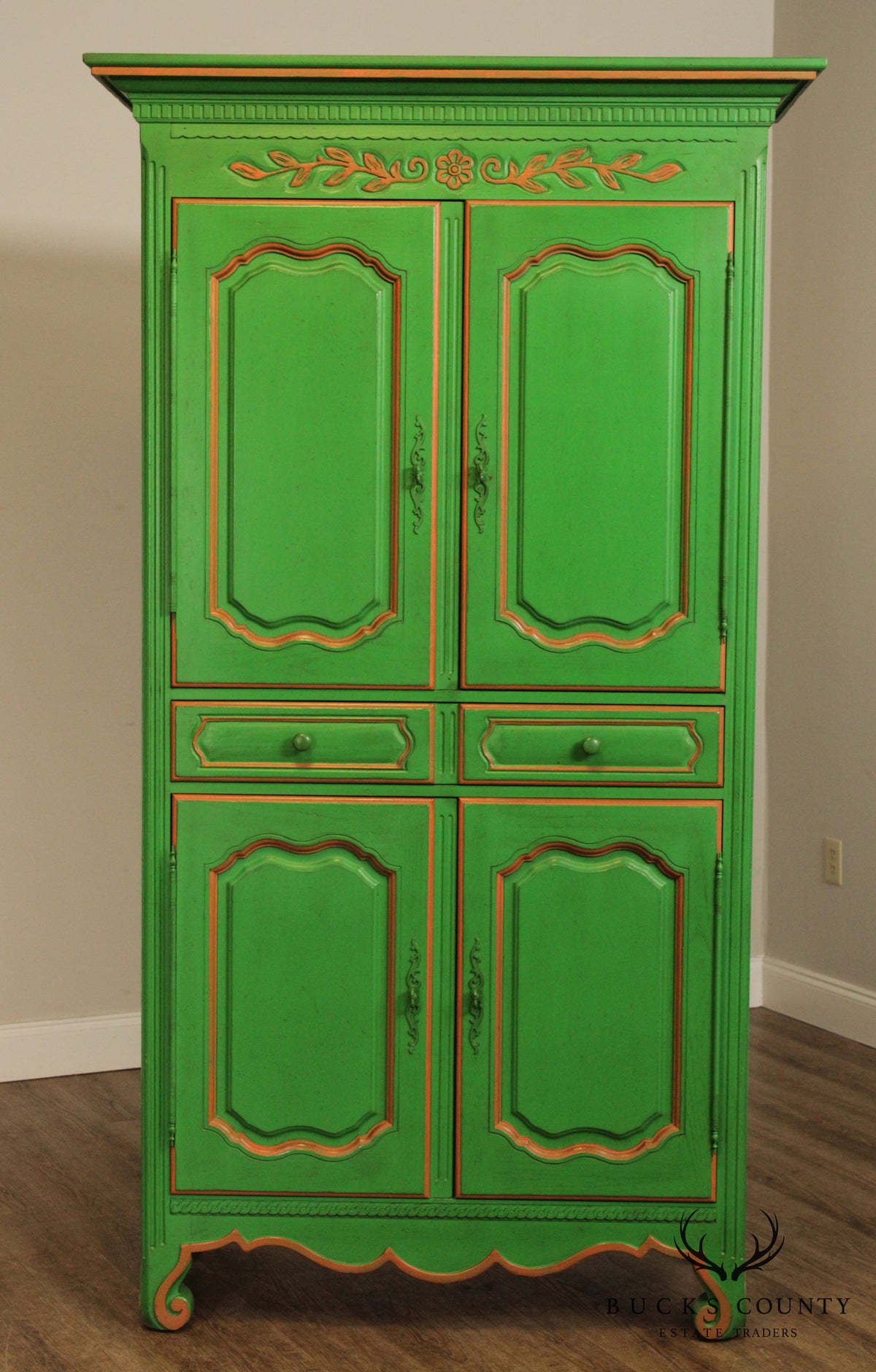 French Louis XV Style Custom Green Painted Pair Large Armoires