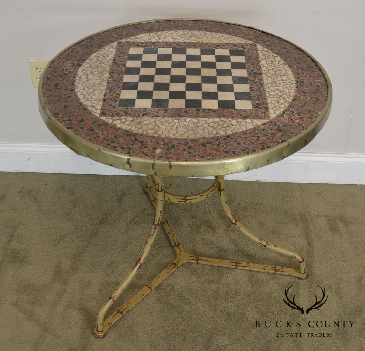 Antique French Napoleonic Round Inlaid Stone Top Tole Painted Gueridon Gaming Table