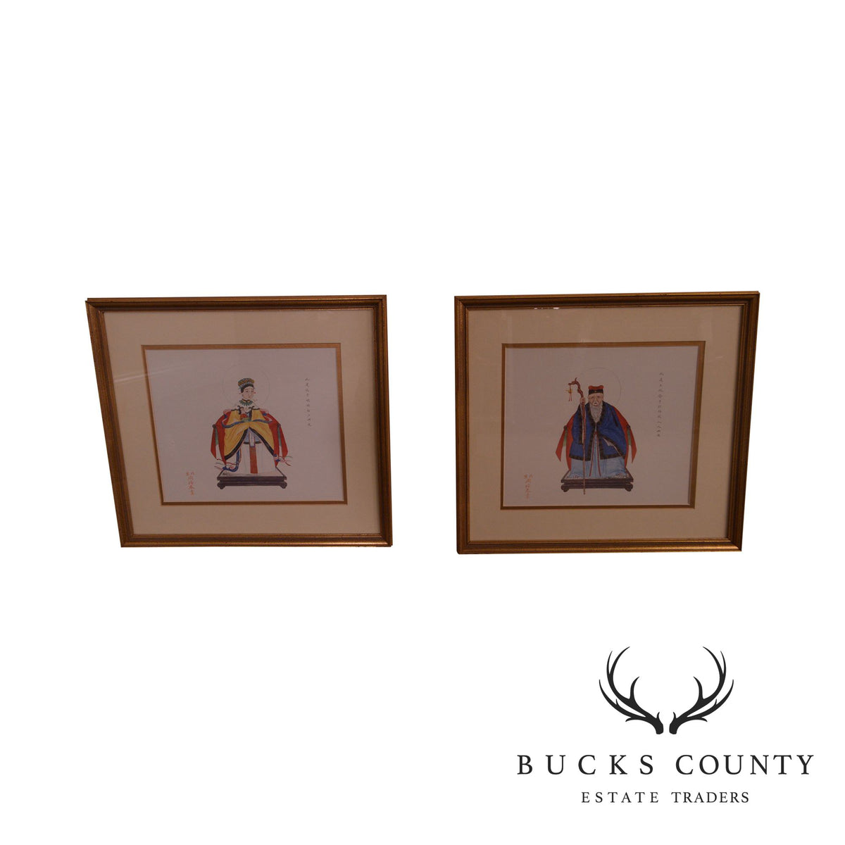 Vintage Chinese Ancestor Portraits, a Pair Custom Framed