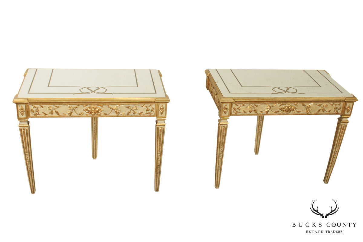 Florentine Pair Gilt Wood and Lacquered Vintage Pair Marble Top Consoles