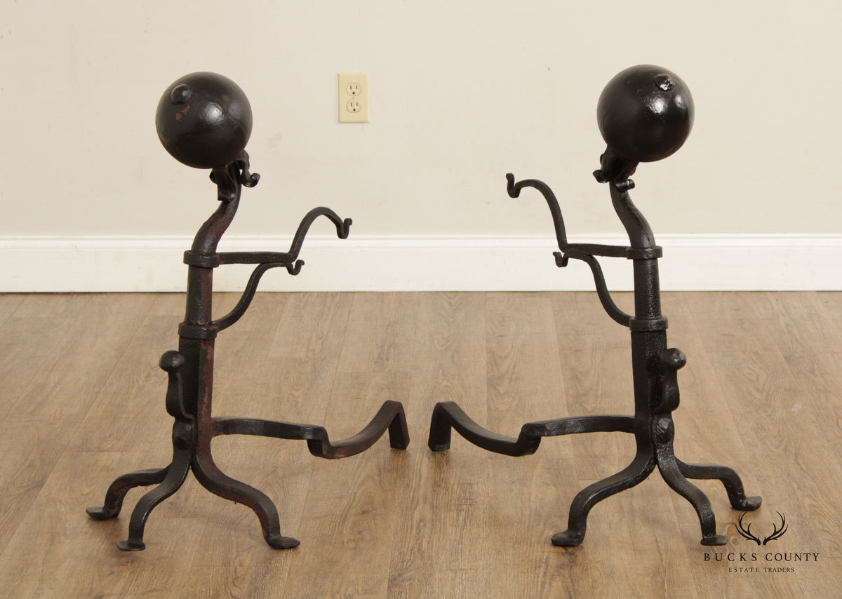 Antique 19th C. Pair Wrought Iron Cannonball Andirons