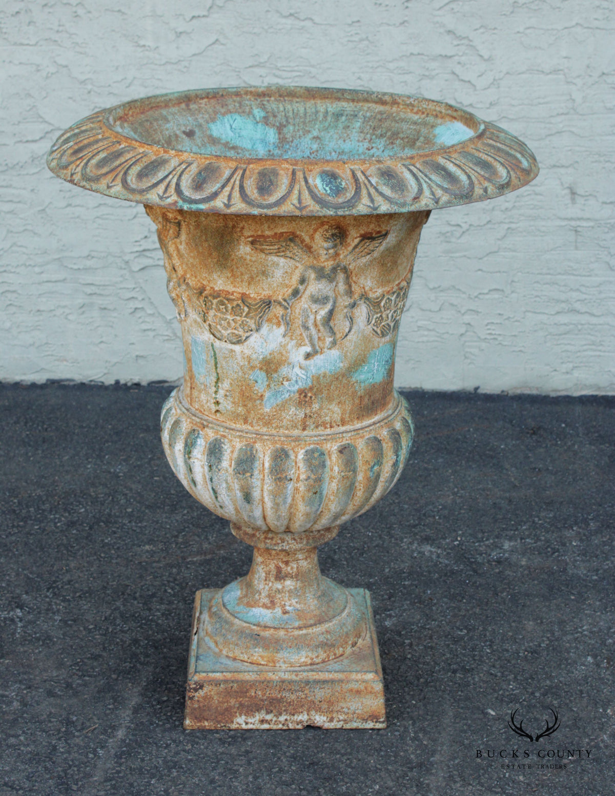 French Style Large Verdigris Cast Iron Garden Urn Planter