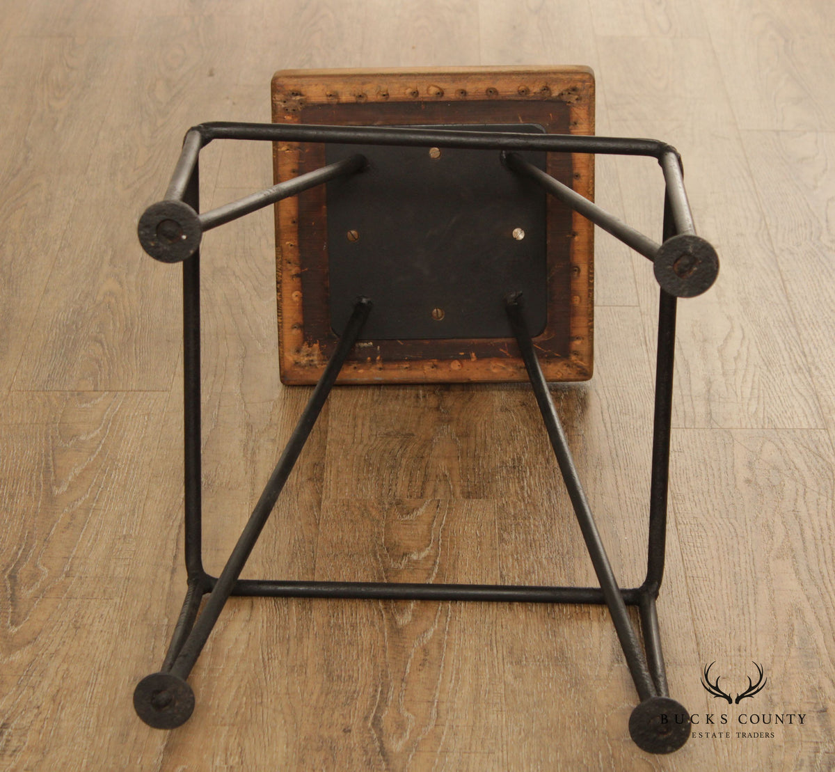 Industrial Midcentury Modern Style Wrought Iron & Wood Drafting or Bar Stool
