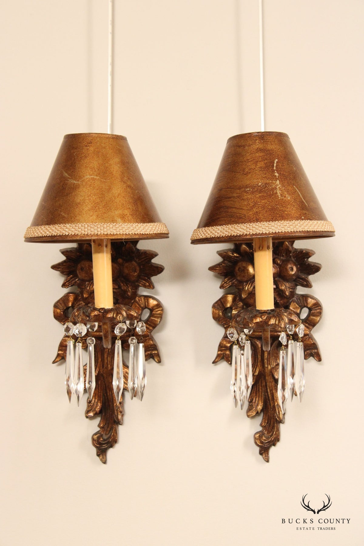 Italian Renaissance Style Pair of Carved Wall Sconces With Prisms