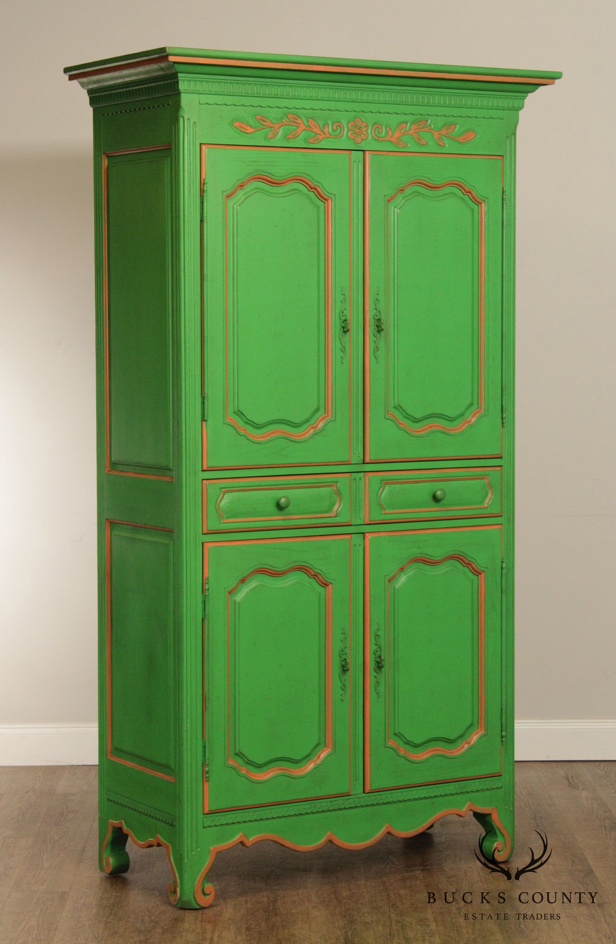 French Louis XV Style Custom Green Painted Pair Large Armoires