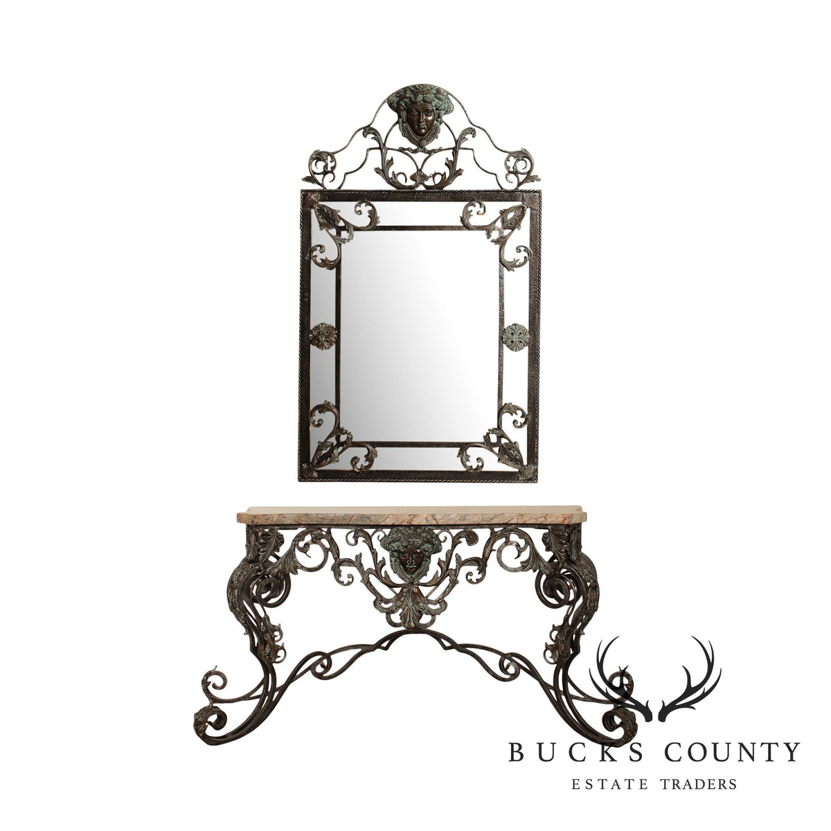 Maitland Smith Louis XIV Style Wrought Iron and Bronze Marble Top Console with Mirror