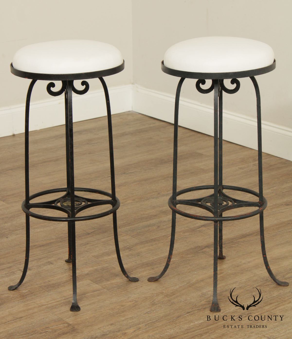 Custom Pair of Vintage Wrought Iron and Vinyl Patio Bar Stools