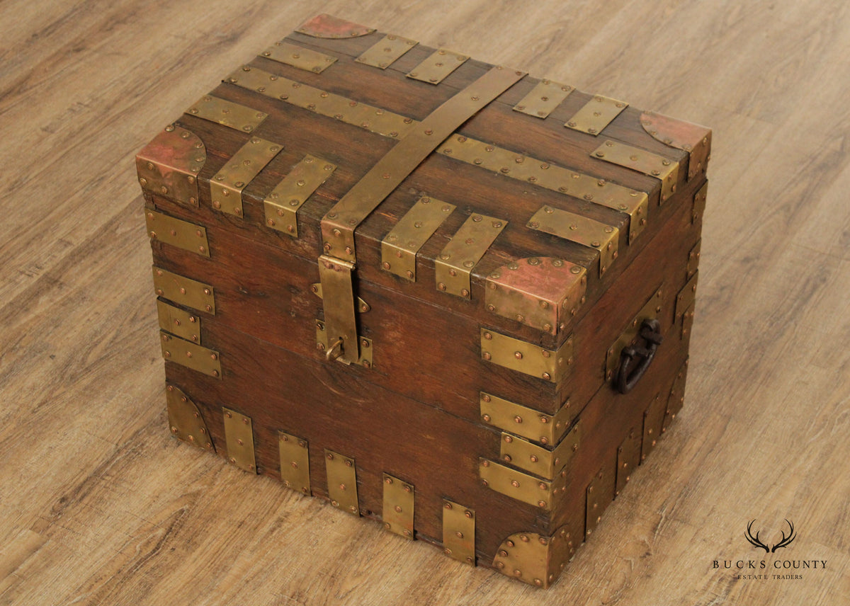 Antique Campaign Style Brass Strapped Trunk Chest
