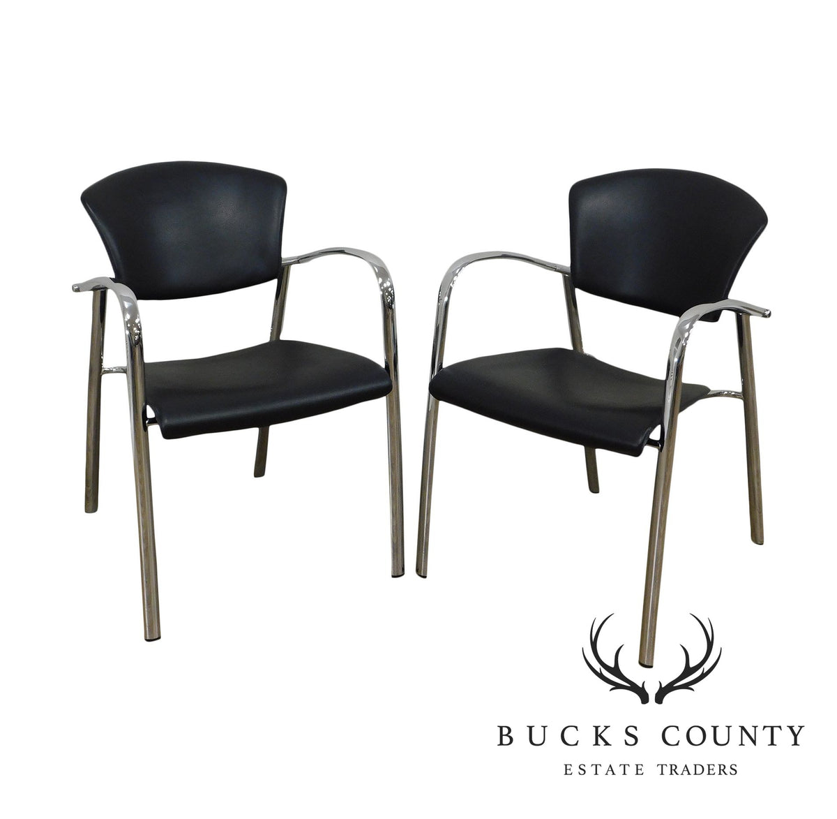 Brayton International Collection Steelcase Pair Chrome & Black Leatherette Armchairs