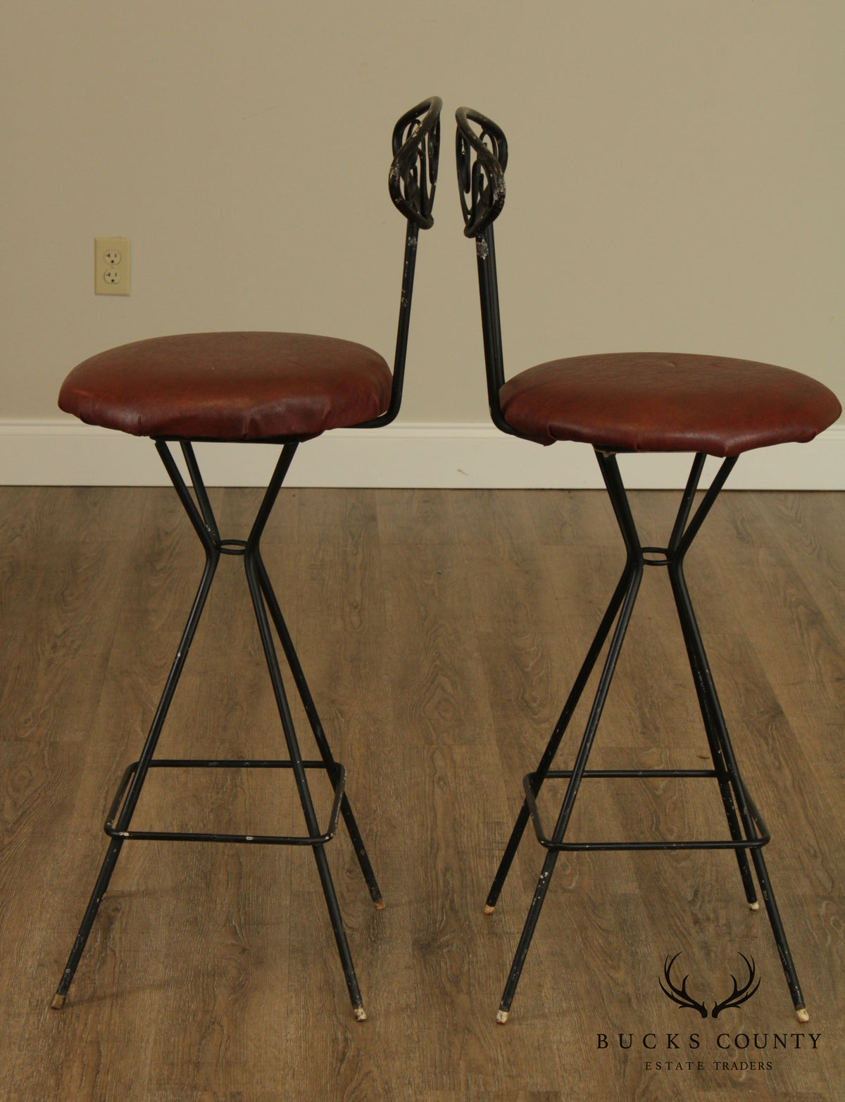 Mid Century Modern Pair Wrought Iron Barstools