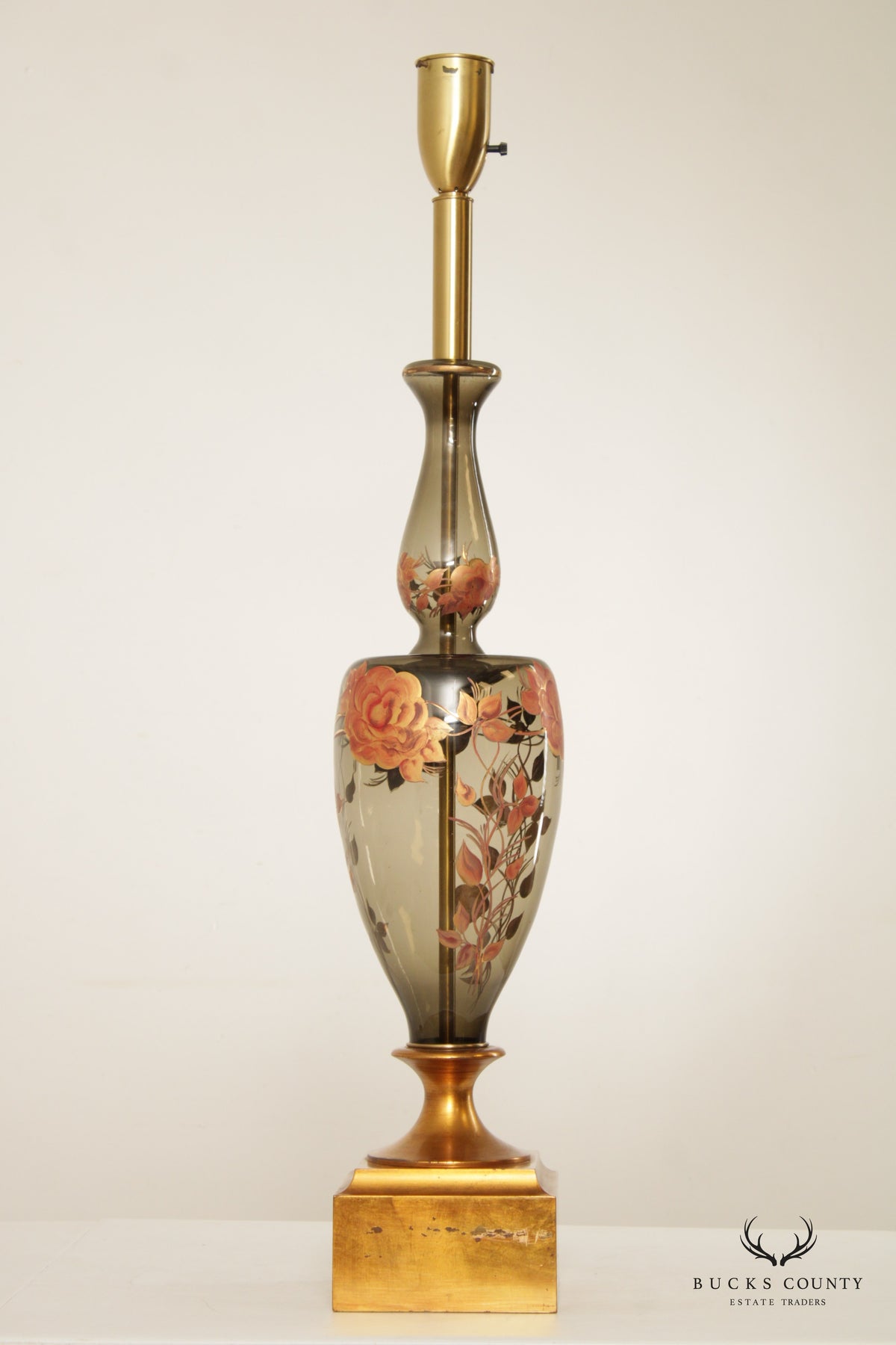 Murano Hollywood Regency Floral Hand-Painted Glass Tall Table Lamp