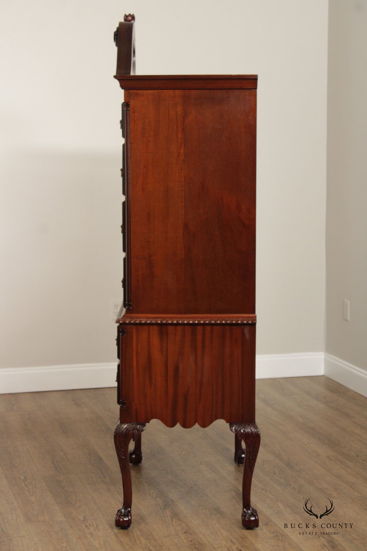1940's Hand Crafted Chippendale Style Carved Mahogany High Boy Tall Chest