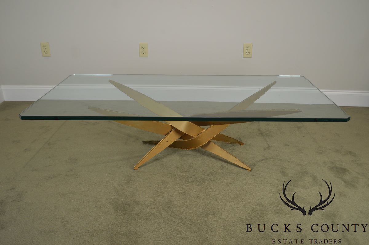Brutalist Mid Century Modern Torch Cut Steel Sculptural Coffee Table w/ Glass Top