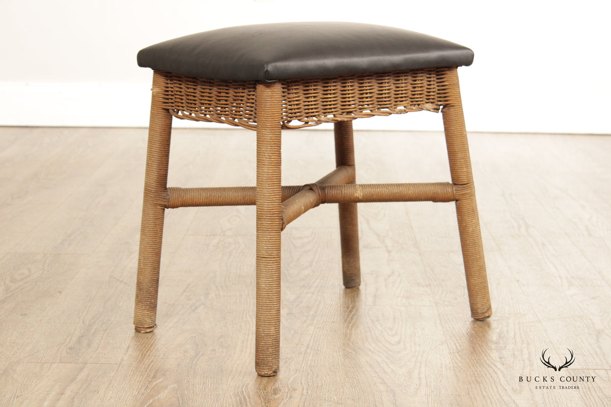 Antique Victorian Wicker and Leather Footstool or Bench