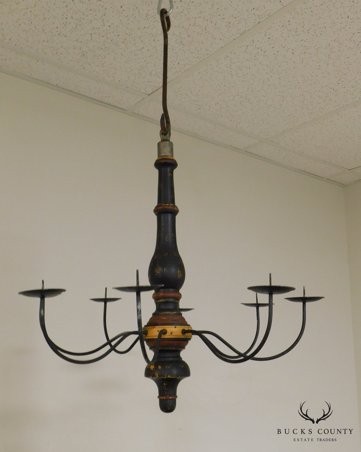 Custom Quality Folk Art 8 Light Turned Wood & Iron Chandelier