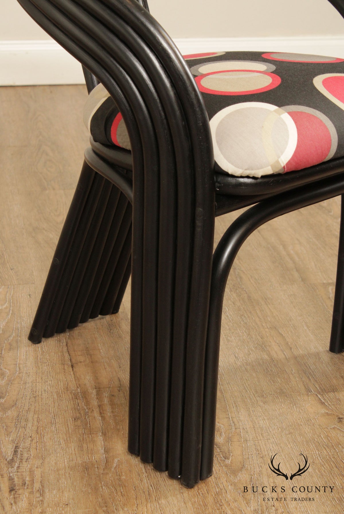 Vintage Art Deco Style Pair Black Lacquer Bentwood Rattan Armchairs