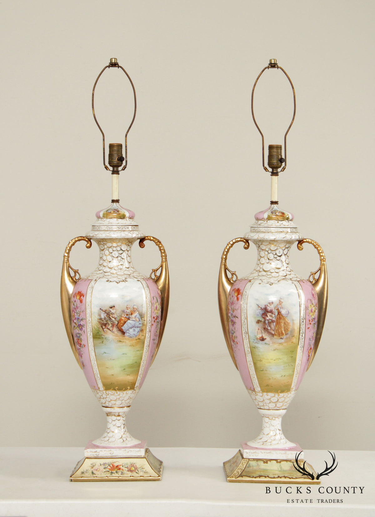 Louis XVI Style Hand Painted Porcelain Urn Form Pair Table Lamps