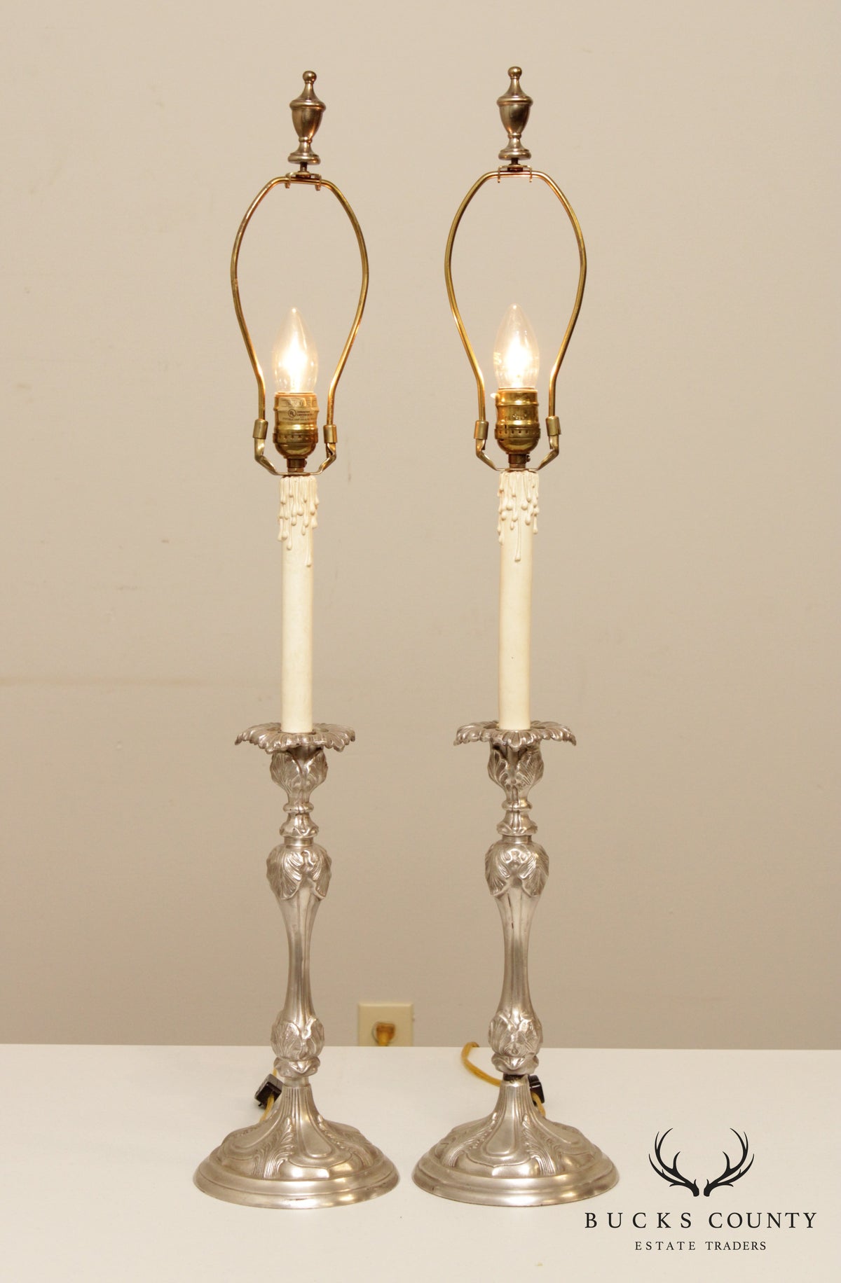 Rococo Style Pair Silvered Brass Candlestick Table Lamps