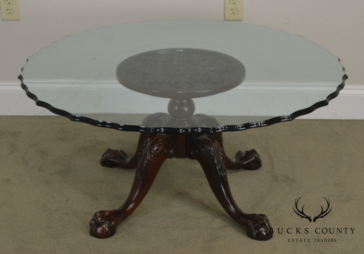 Carved Mahogany Ball & Claw Chippendale Style Glass Top Coffee Table