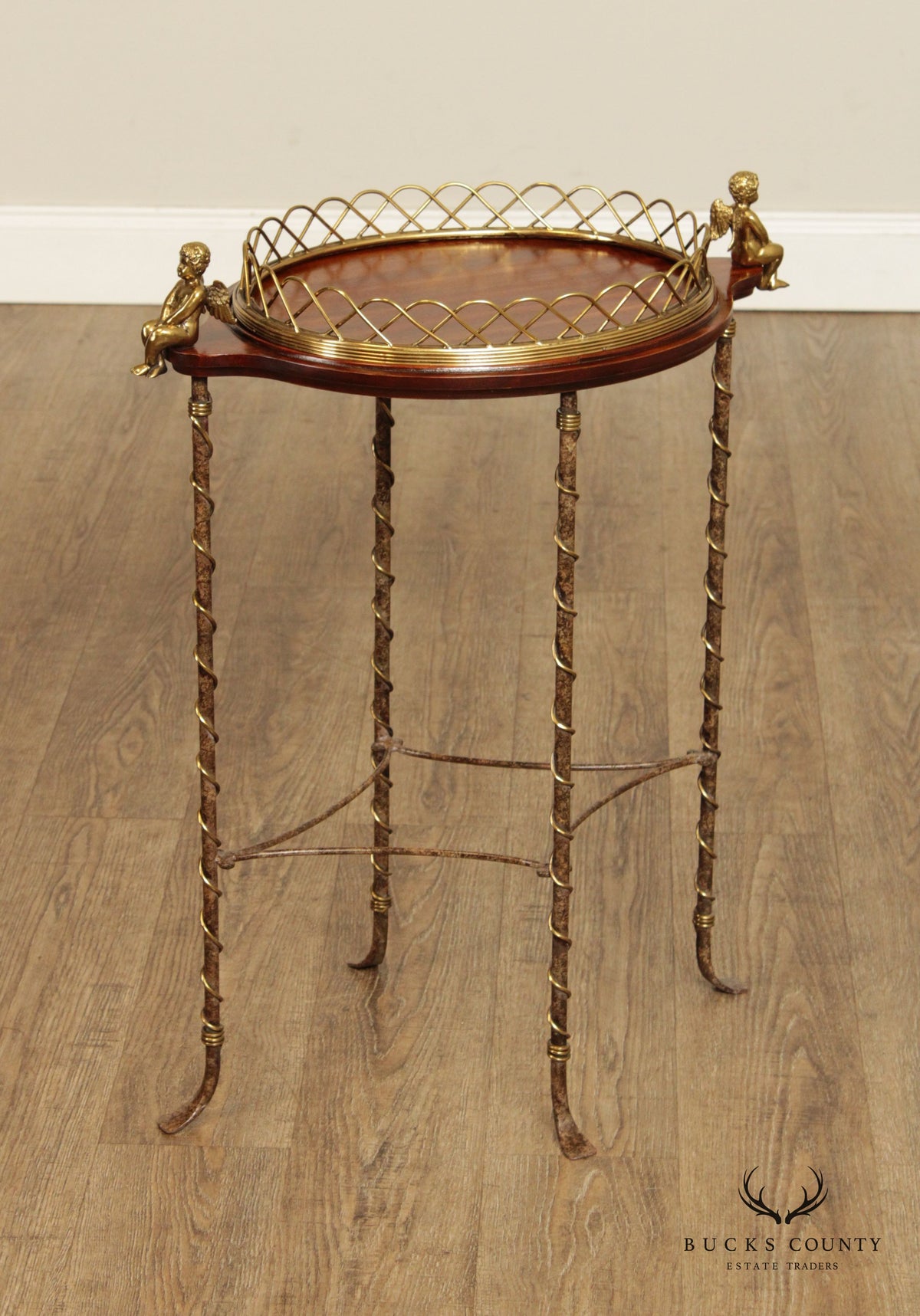 LaBarge Regency Style Mahogany and Brass Cherub Oval Plant Stand