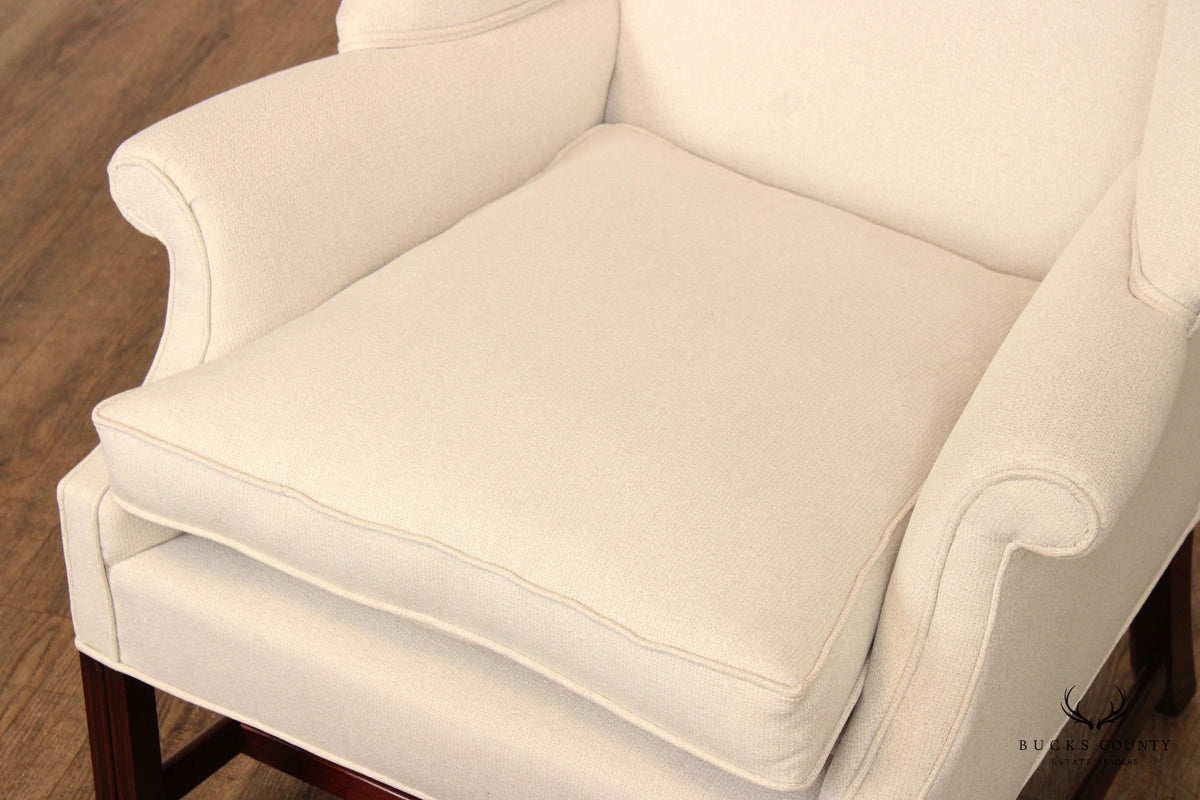 Saybolt Cleland Chippendale Style Pair Custom Upholstered Mahogany Wingback Chairs