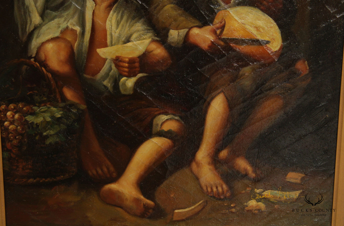 Vintage 20th C. 'Children Eating Grapes and a Melon' Original Painting after Murillo