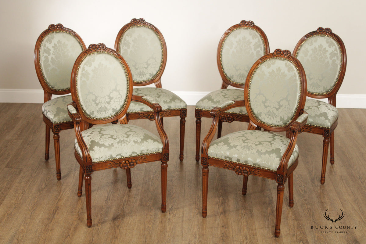 French Louis XVI Style Set of Six Carved Walnut Oval Back Dining Chairs