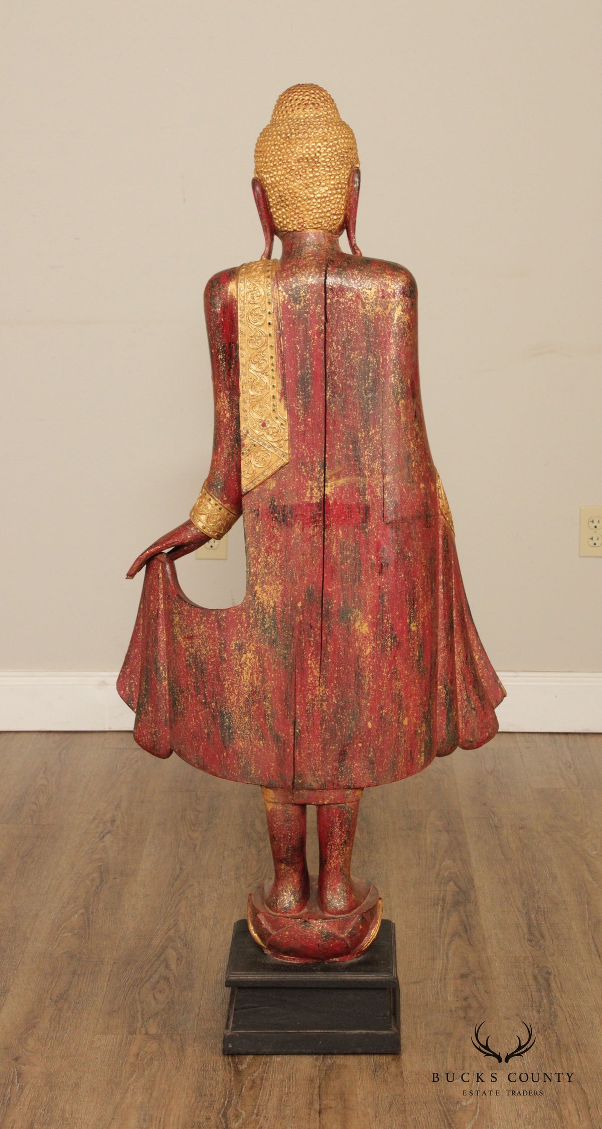 Burmese Mandalay Gilded Red Lacquer Tall Standing Buddha