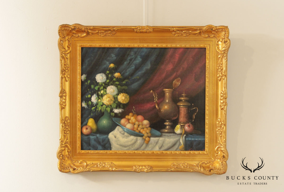 Custom Framed Floral and Fruit Still Life Oil Painting