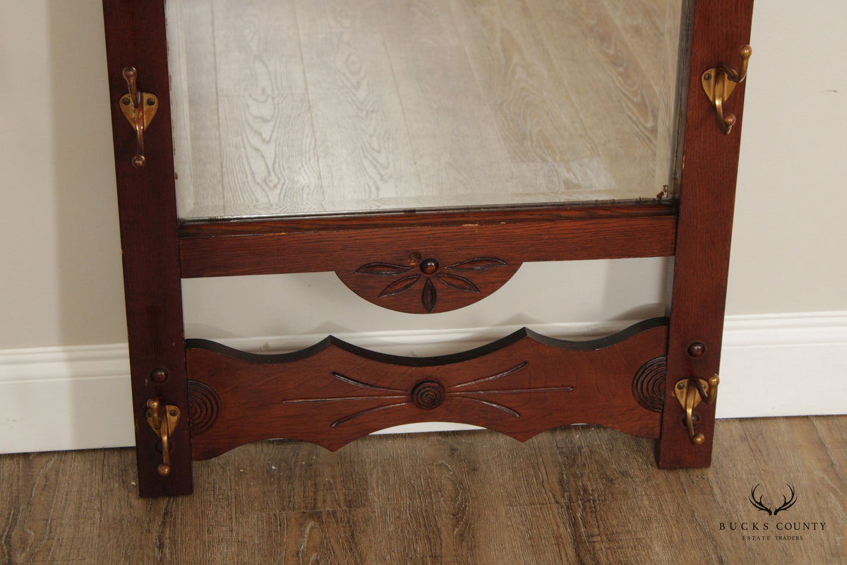 Antique Victorian Oak Hat Rack Wall Mirror