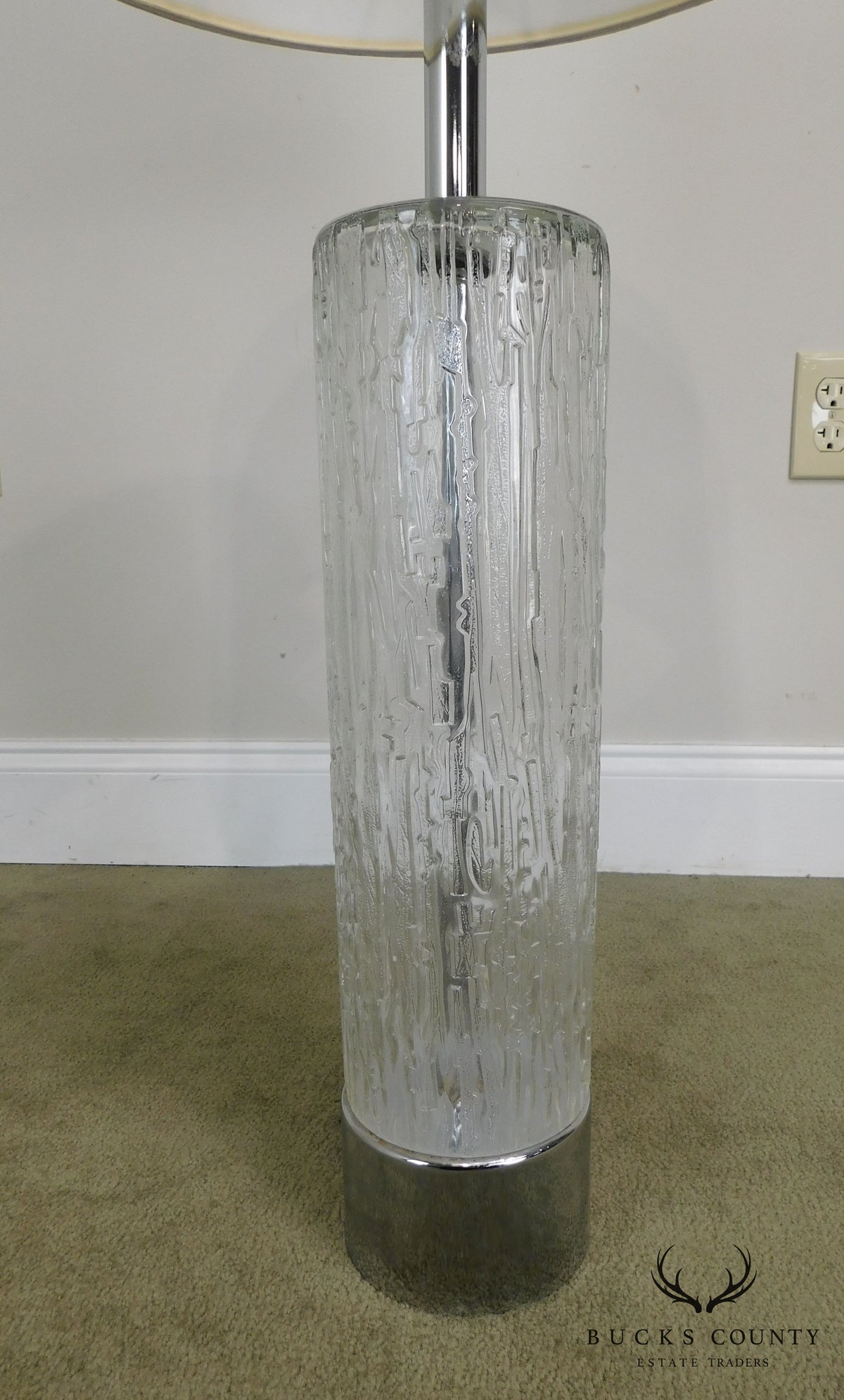 Mid Century Modern Pair of Chrome & Patterned Glass Column Lamps - 1970's