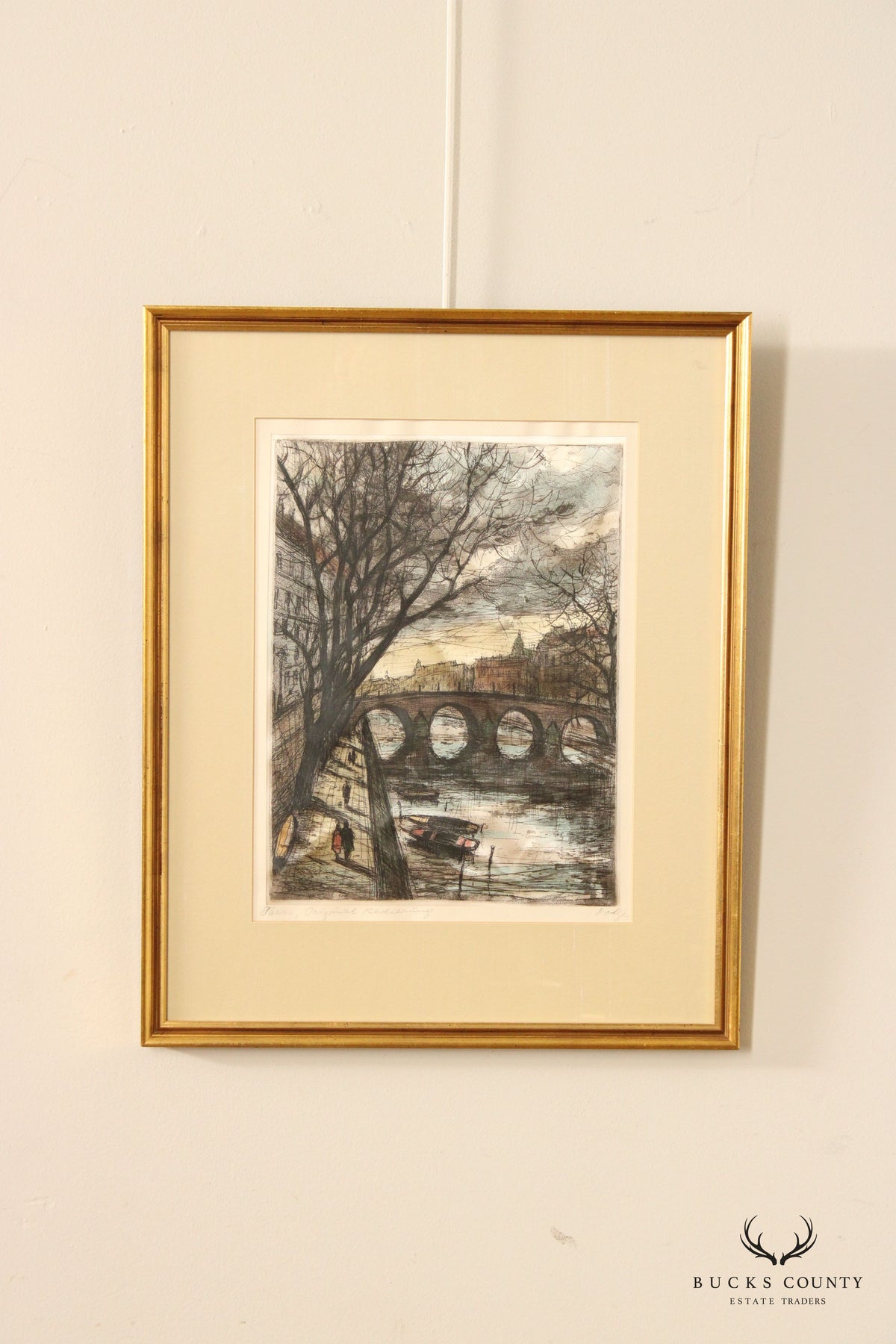 Vintage 20th C. 'Paris' Seine Colored Etching, Custom Framed
