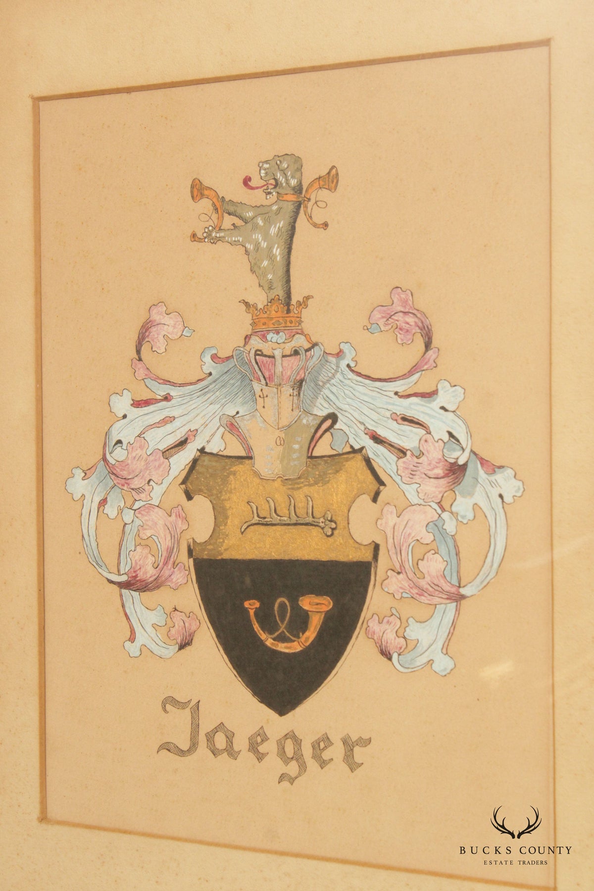 Vintage German 'Jaeger' Coat of Arms Crest, Custom Framed