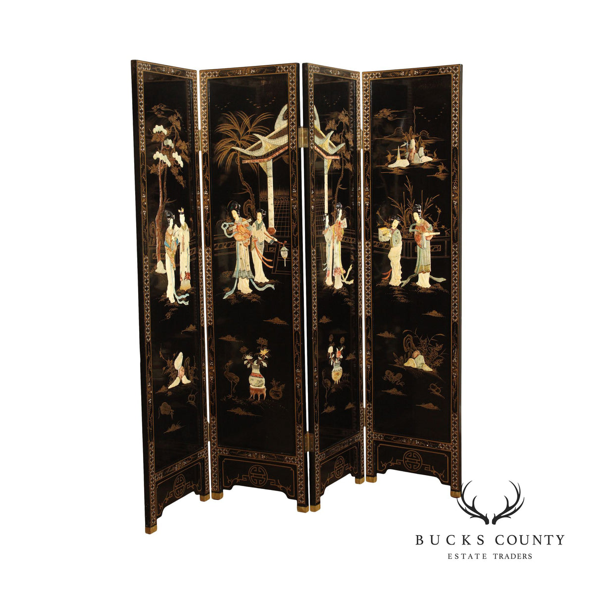 Asian Decorated Black Lacquer Four-Panel Folding Screen