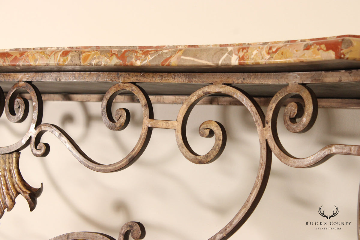 Rococo Style Custom Wrought Iron Marble Top Console Table
