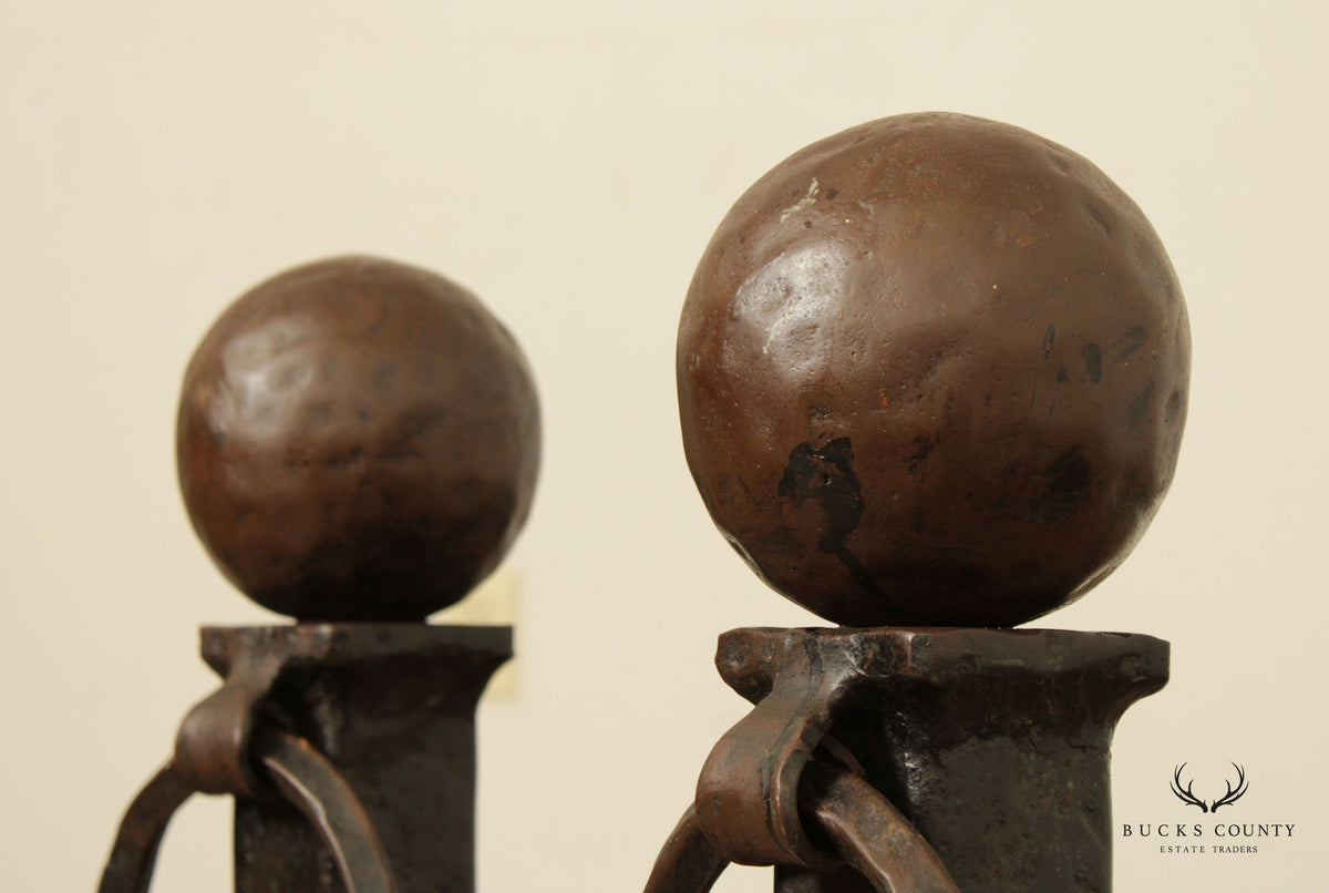 Arts & Crafts Antique Pair of Wrought Iron Andirons