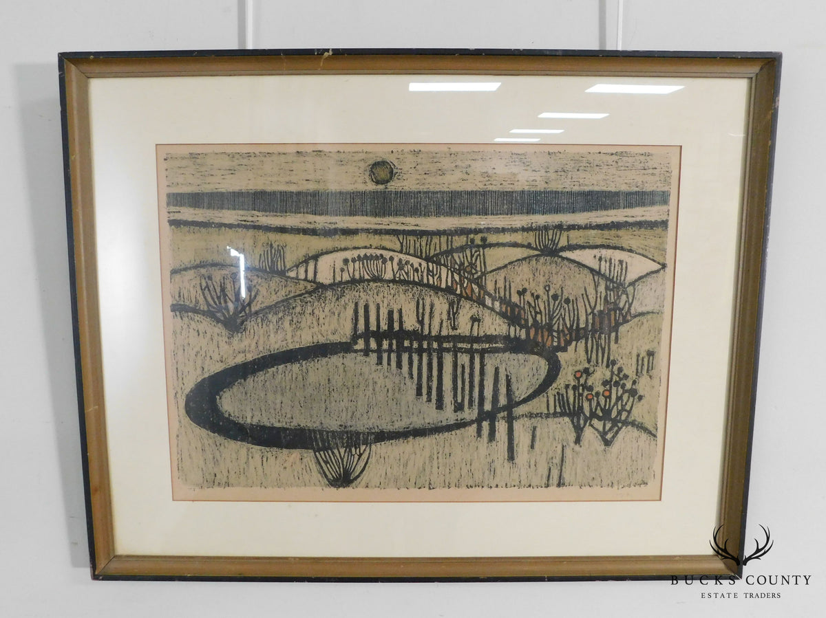 Mid Century Abstract Landscape Woodblock Print