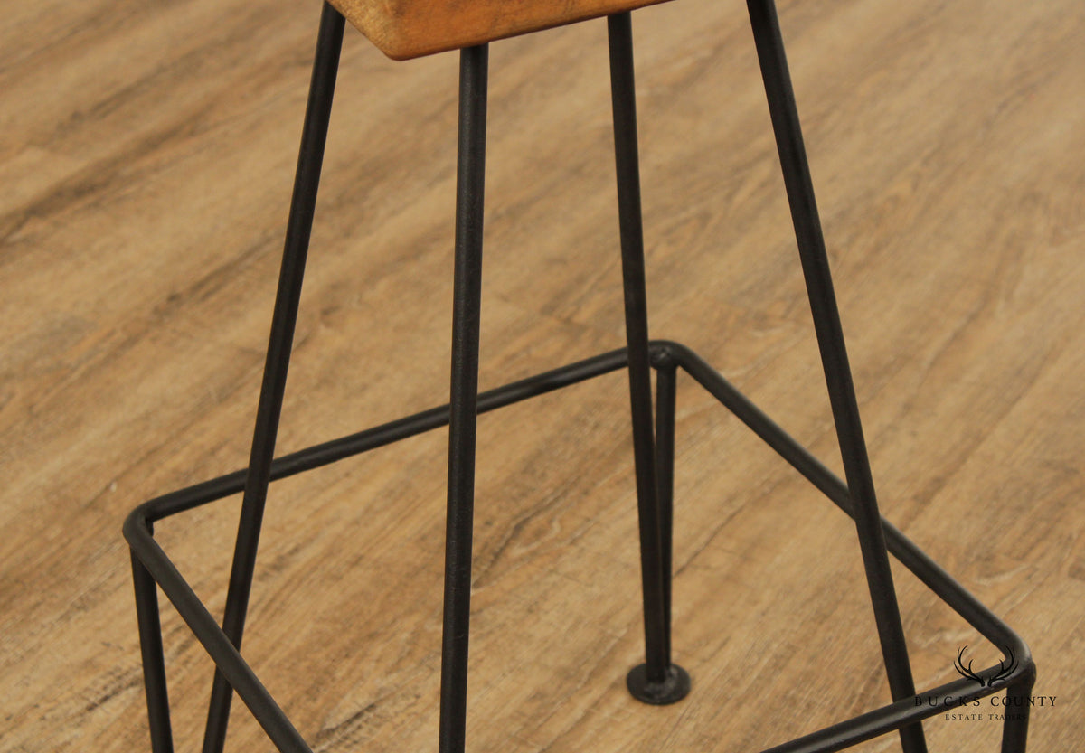 Industrial Midcentury Modern Style Wrought Iron & Wood Drafting or Bar Stool