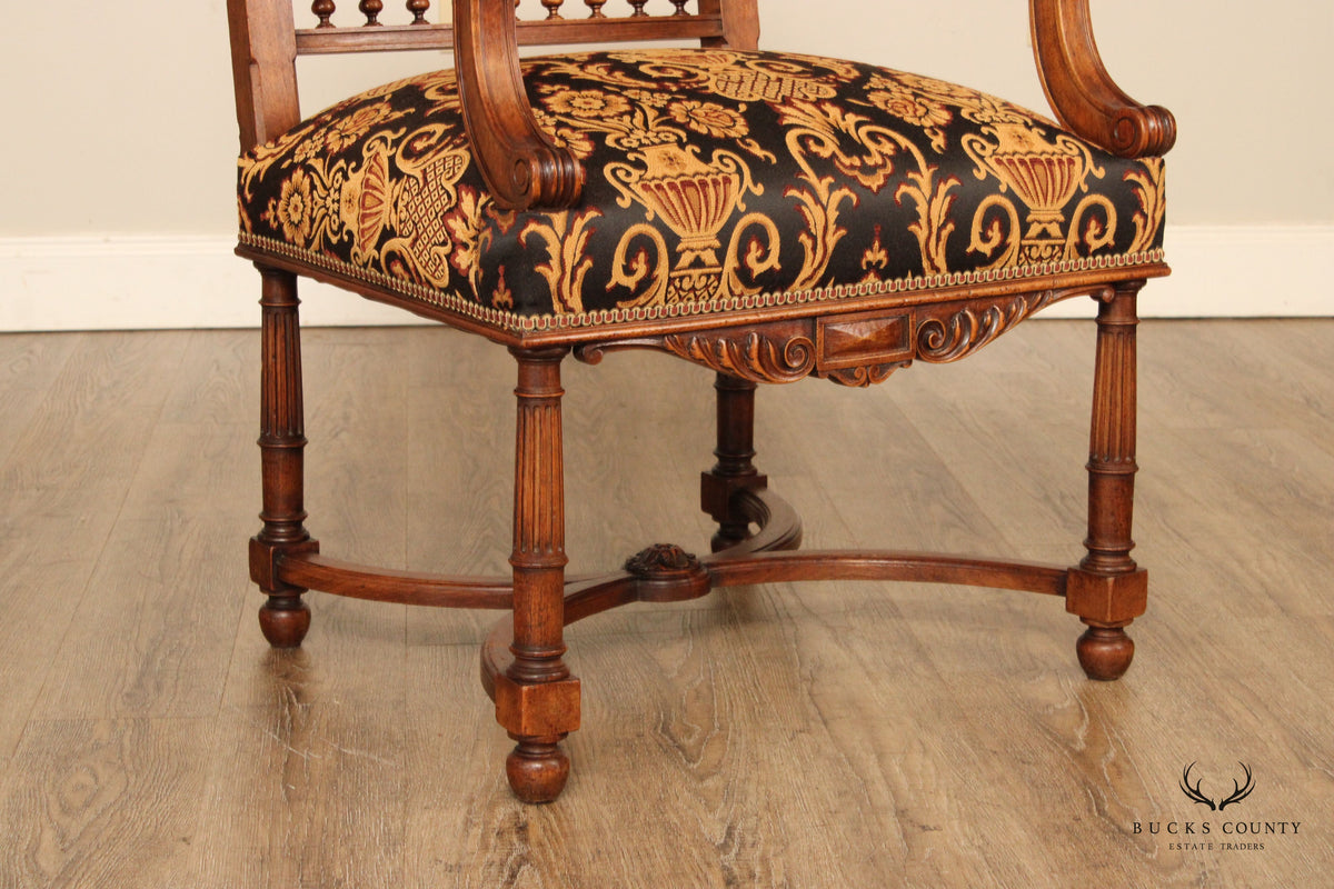 Antique French Renaissance Revival Style Carved Walnut Throne Armchair