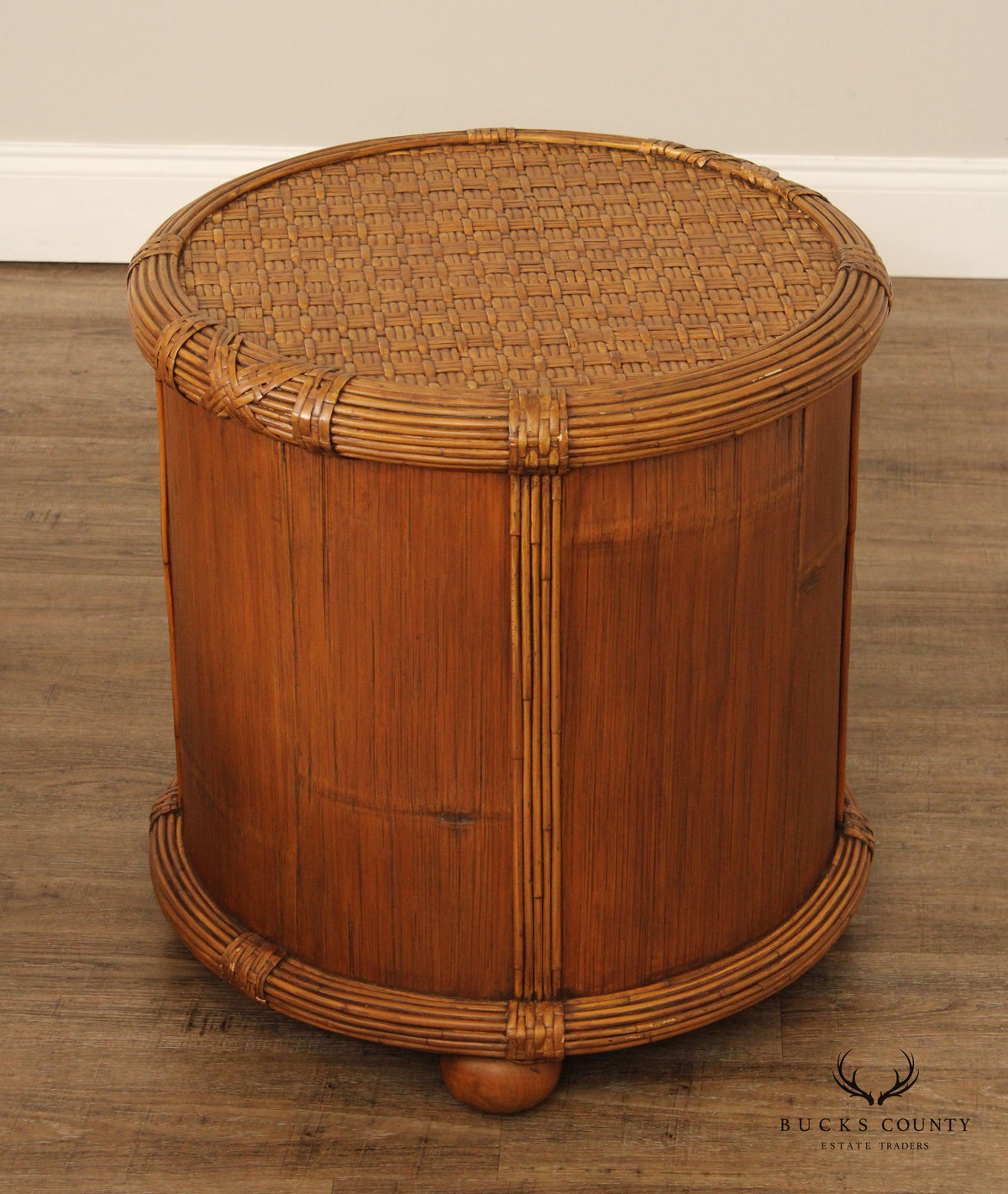 Bamboo and Rattan Circular Glass Top Drum Style Side Table