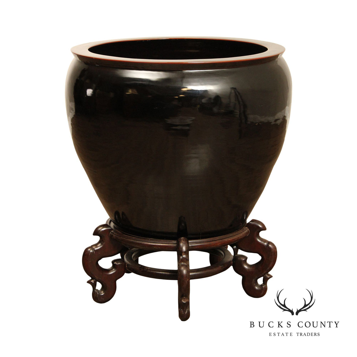 Asian Style Large Black Ceramic Fish Bowl Planter on Stand