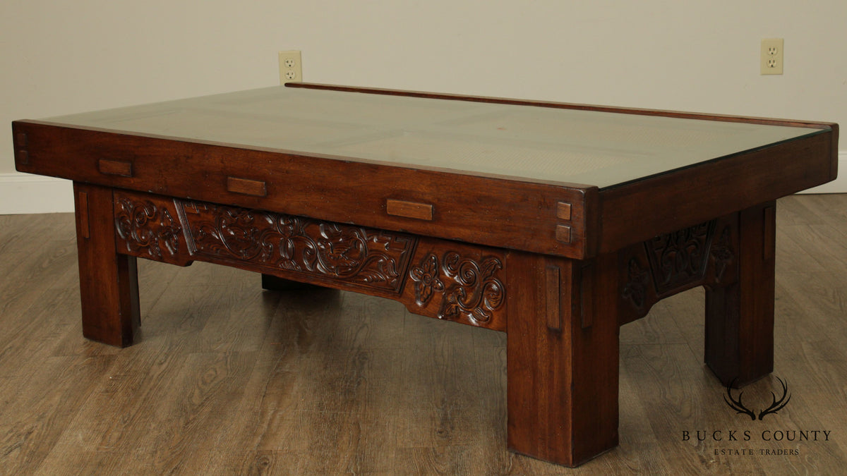 Drexel Heritage Large Carved Base Rattan Glass Top Coffee Table